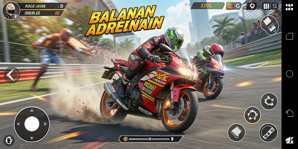 Screenshot menampilkan aksi balapan motor yang intens dan grafis yang tajam.