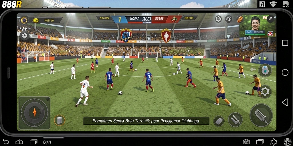 Tampilan gameplay mendebarkan dari 888R, menunjukkan aksi di lapangan sepak bola.