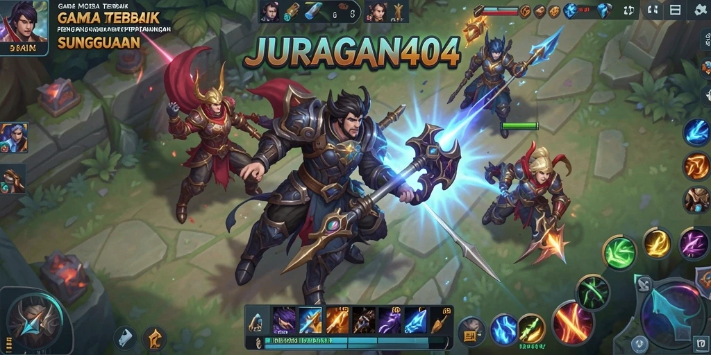Screenshot JURAGAN404 menampilkan aksi seru dalam pertempuran MOBA.