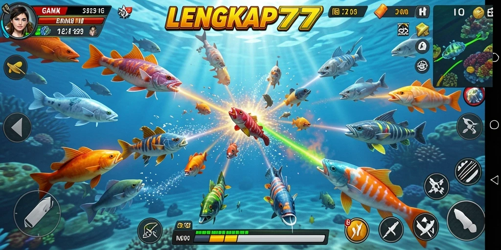 Gameplay seru LENGKAP777 dengan ikan berwarna-warni.