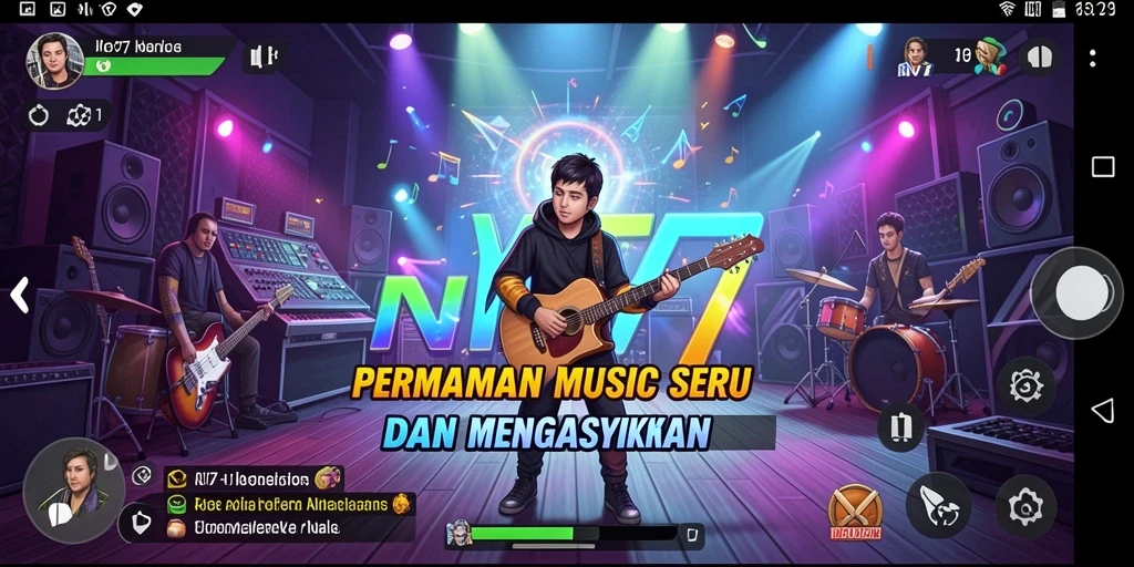 Tampilan gameplay NV77 dengan berbagai alat musik virtual yang menarik.